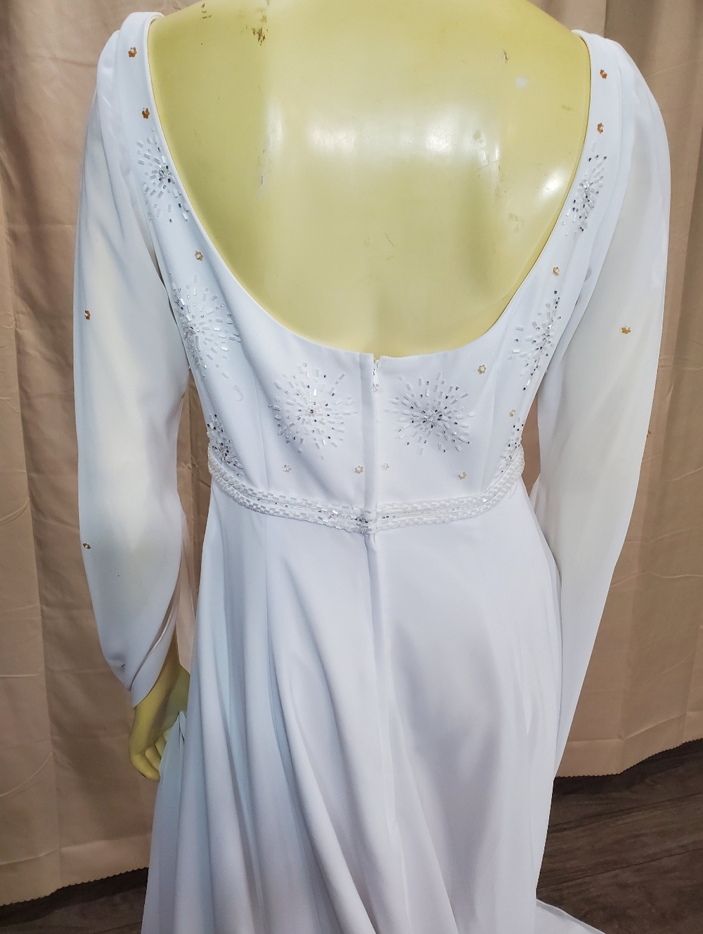 White Beaded Long-Sleeve Bridal Gown with Draped Sleeves - Picture 6 of 8